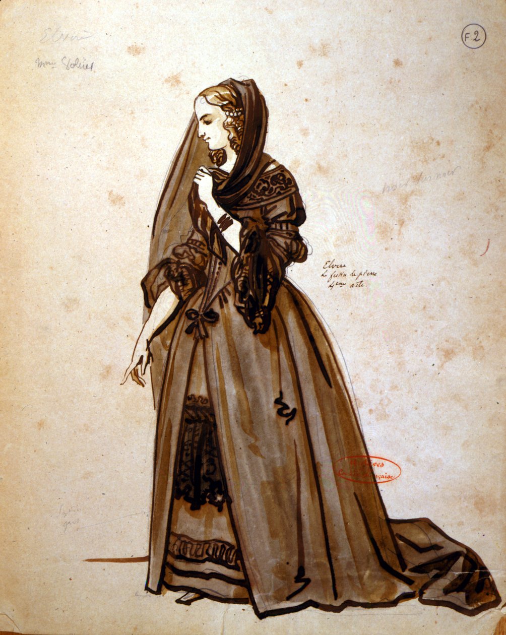 Pukusuunnittelu Dona Elviren rooliin Molieren (1622-1673) Don Juanin tuotannossa vuonna 1847 Comedie Francaisessa (kynä ja muste ja wc paperilla) tekijältä Achille Devéria