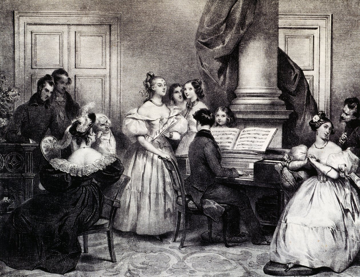 Perhekonsertti pianon kanssa, Achille Deveria (1800-1857), kaiverrus, Ranska tekijältä Achille Devéria