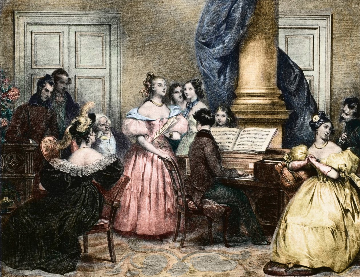 Musical Evening Party - Musiikki-ilta pianoforten ympärillä - Achille Deveria (1800-1857) n. 1840 tekijältä Achille Devéria