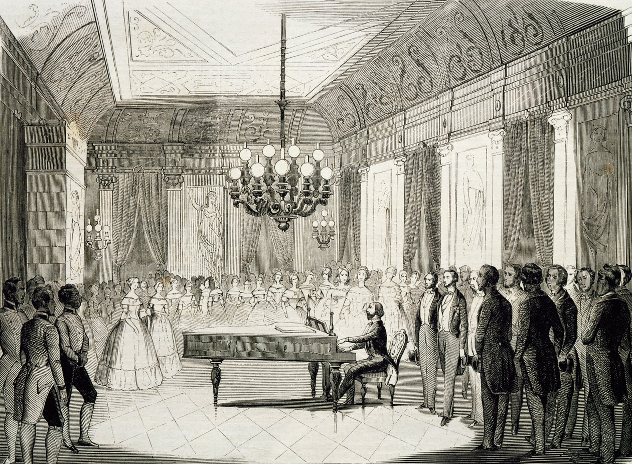 Musiikki-ilta pianon kanssa, Achille Deveria (1800-1857), kaiverrus, Ranska tekijältä Achille Devéria
