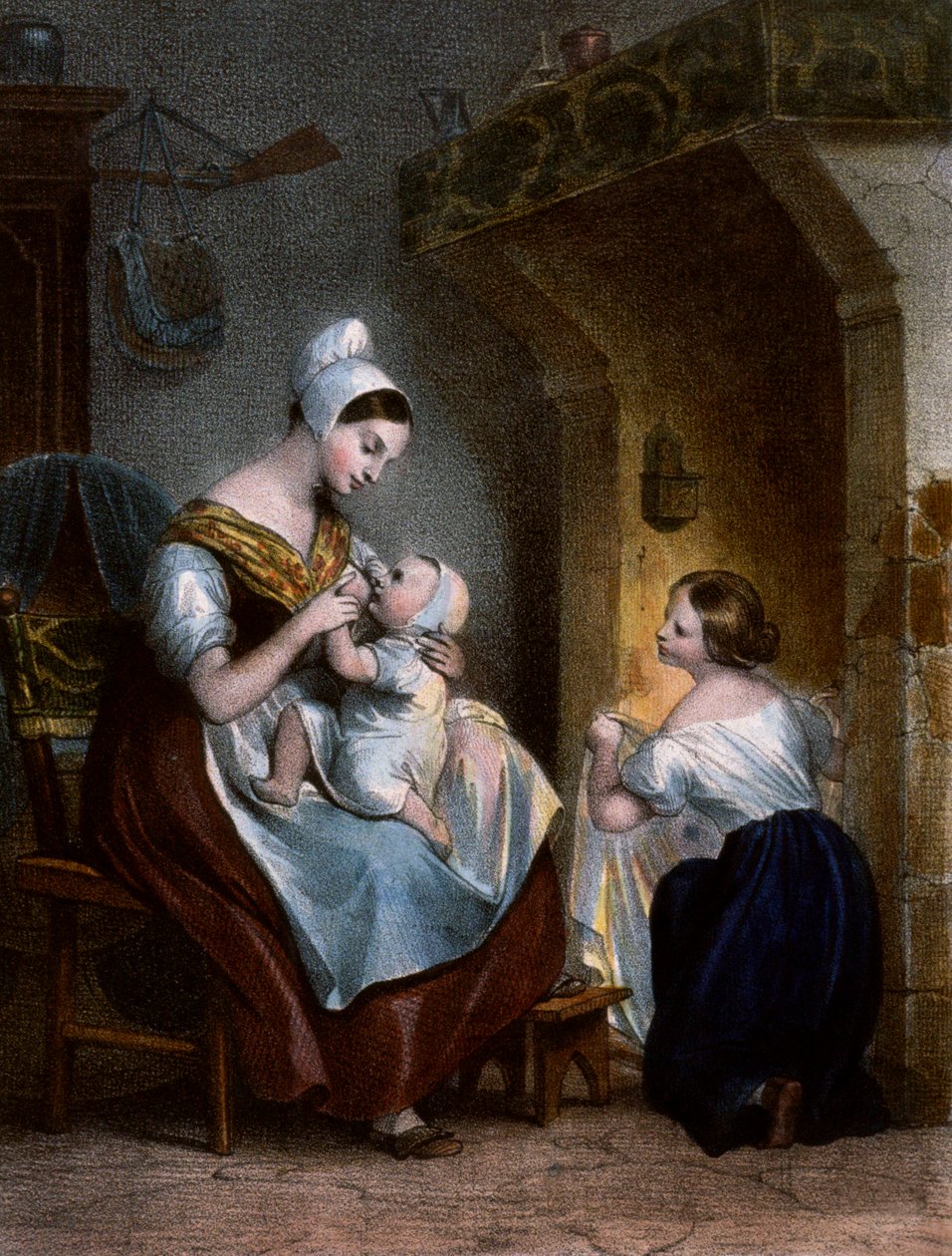Enfermeira amamentando um bebê. Litografia, c.1850 finlandesa tekijältä Achille Devéria