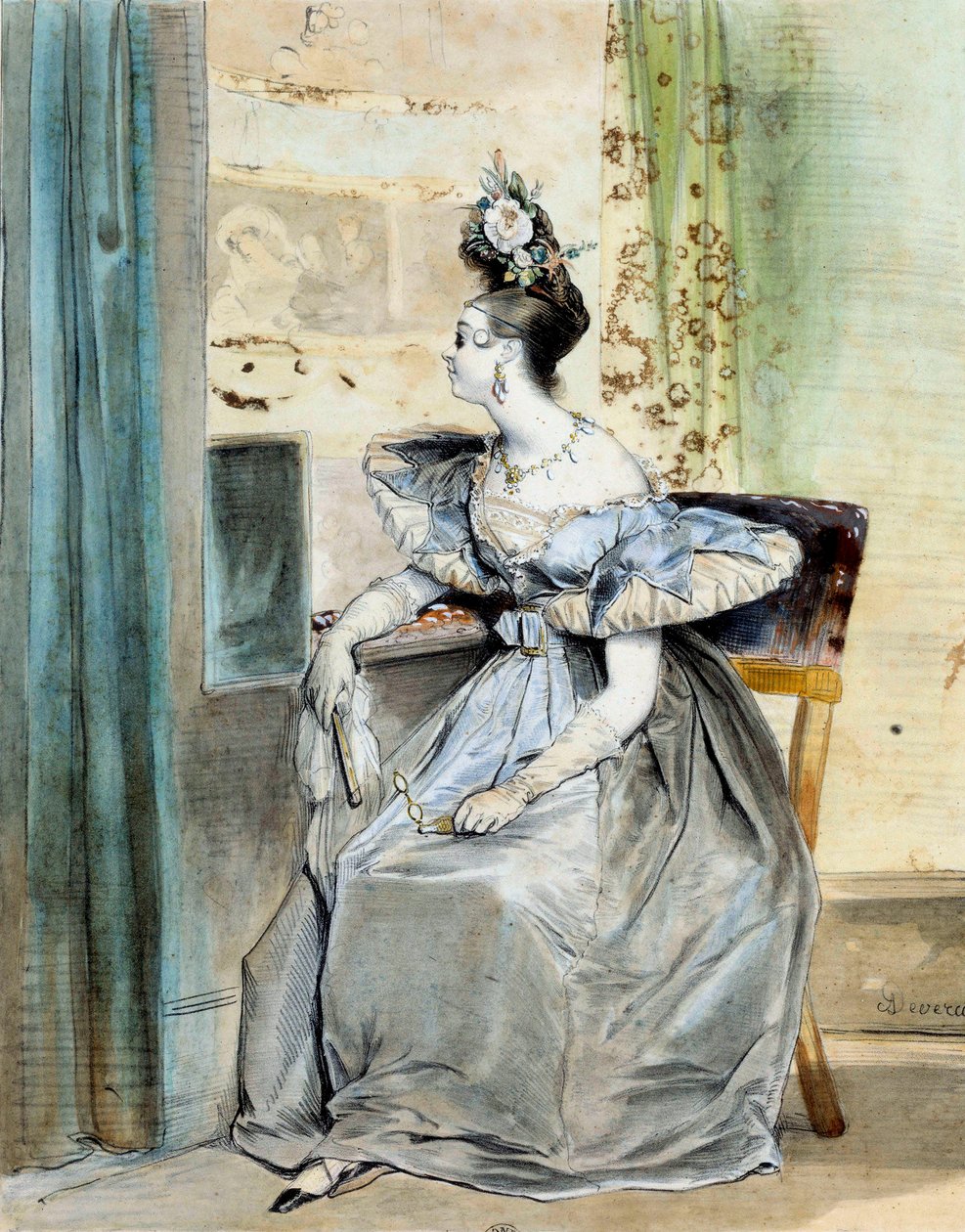 Muotokuva Marie Nodierista teatterimajassa kello 10. Hänen isänsä Charles piti kirjallisuussalonkia, jossa romanttiset (Victor Hugo, Lamartine, Vigny, Dumas, Liszt) kävivät, ja hän oli joidenkin heistä Muse. Achille Deverian kaiverrusakvarelli (18 tekijältä Achille Devéria