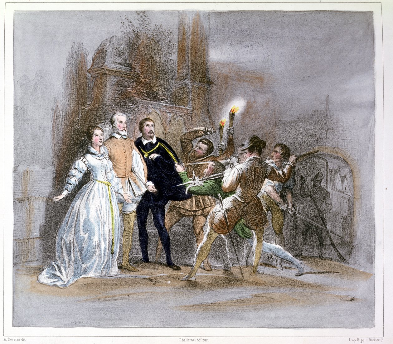 Kohtaus Giacomo Meyerbeerin (1791-1864) Huguenotsista (1836) tekijältä Achille Devéria
