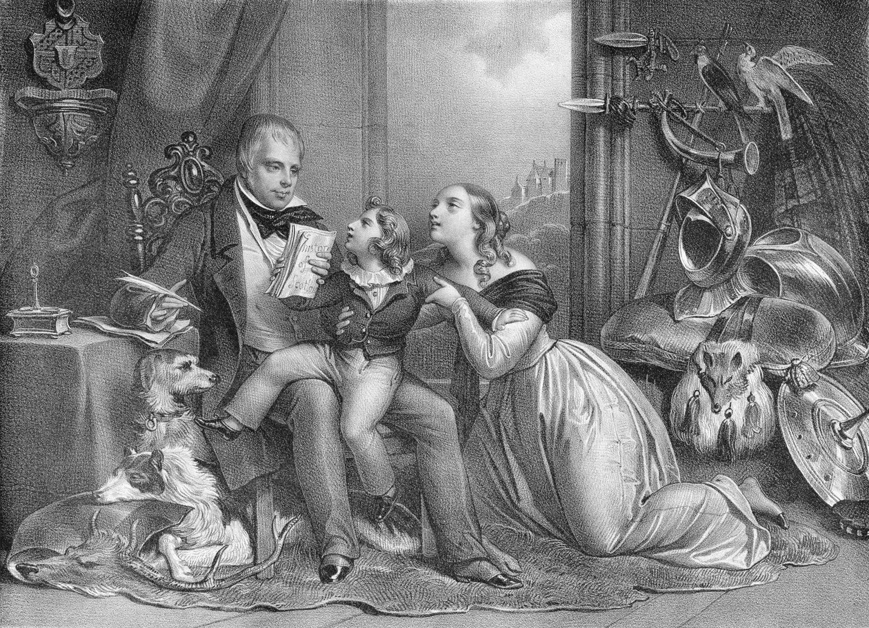 Sir Walter Scott (1771-1832) ja hänen pojanpoikansa John Hugh Lockhart (k.1831) tekijältä Achille Devéria