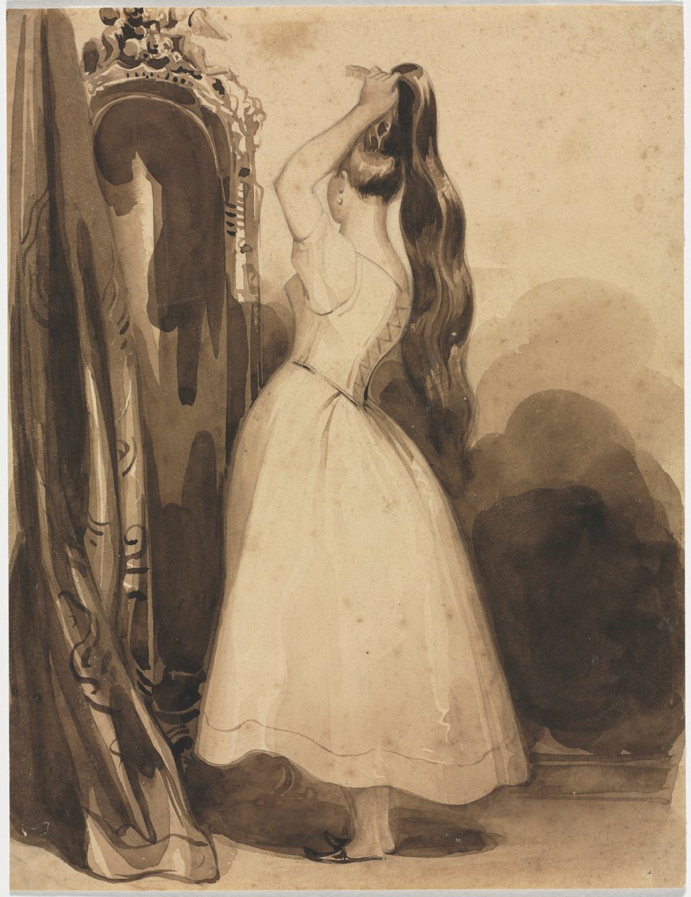 Hiuksiaan kampaava nuori nainen, 1800-luku, ennen vuotta 1857. tekijältä Achille Devéria