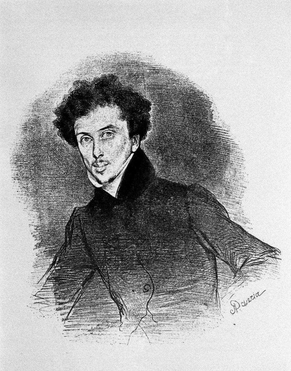 Muotokuva ranskalaisen kirjailijan Alexandre Dumasin isästä (1802 - 1870) noin 1832. Deverian litografia. tekijältä Achille Devéria