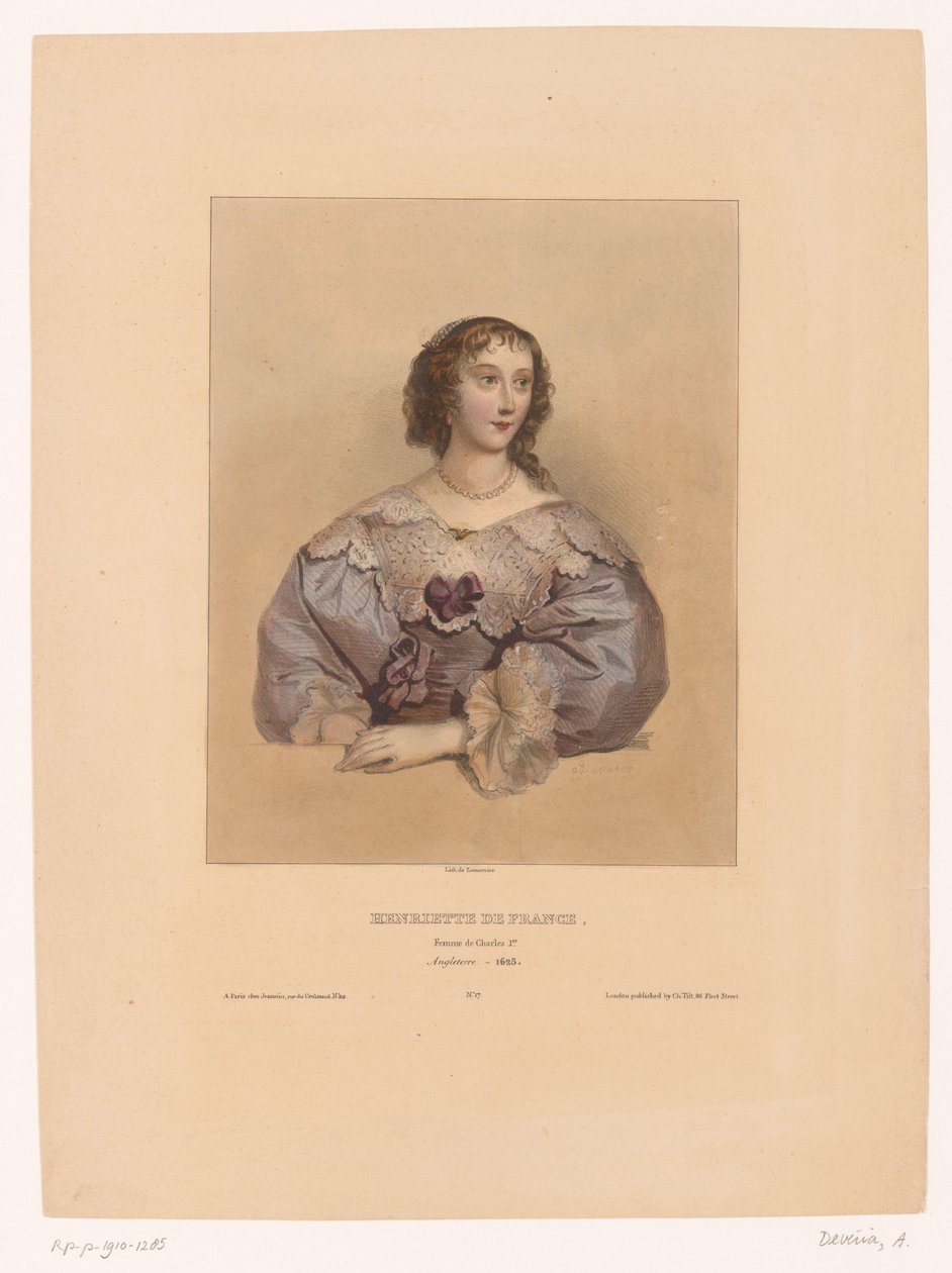Ranskalaisen Henrietta Marian muotokuva Henrietta de France, femme de Charles 1er (otsikko esineessä) Kuuluisten maalarin mallit (sarjan nimi) tekijältä Achille Devéria
