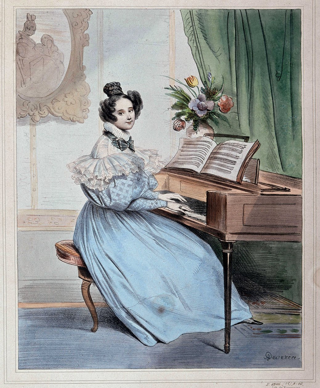 Kello seitsemän illalla, nainen pianofortessa, Devéria, 1800-luvun alku tekijältä Achille Devéria