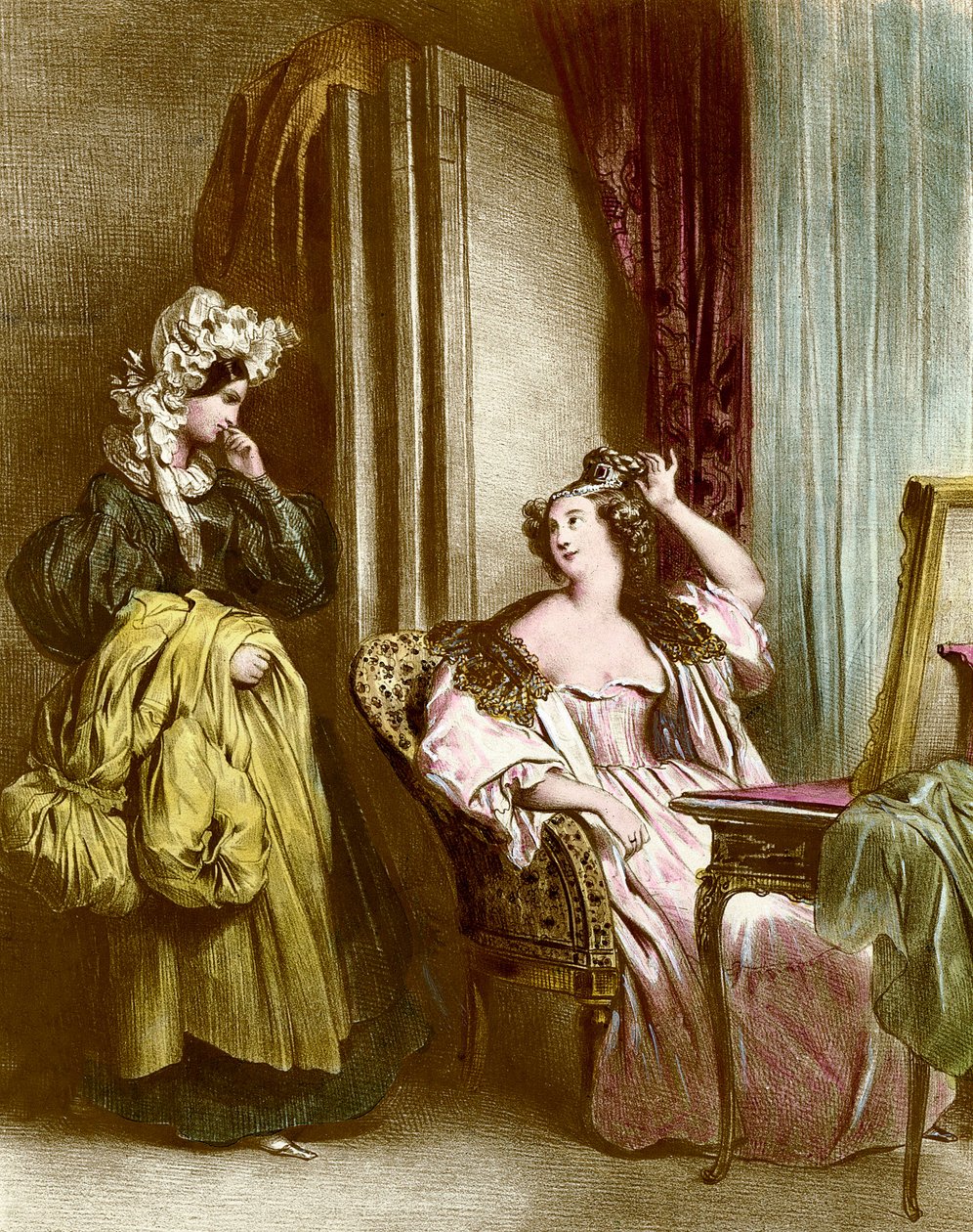 WC: tyylikäs nuori nainen palvelijattarensa kanssa Lithography by Achilles Deveria (1800-1857) 18th century Collection Particuliere tekijältä Achille Devéria