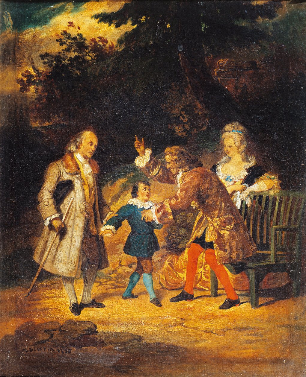 Voltaire (1694-1778) toivottaa Franklinin (1706-1790) ja hänen veljenpoikansa tervetulleiksi. tekijältä Achille Devéria