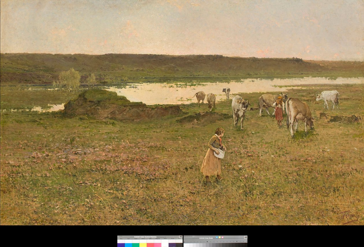 Lähellä Sesto Calendea, Lombardia, Italia tai "Grazing in the Plain" (lähellä Sesto Calendea, Italia tai laiduntaminen tasangolla) Achille Formisin (1832-1906) maalaus 1887 Yksityiskokoelma tekijältä Achille Formis Befani
