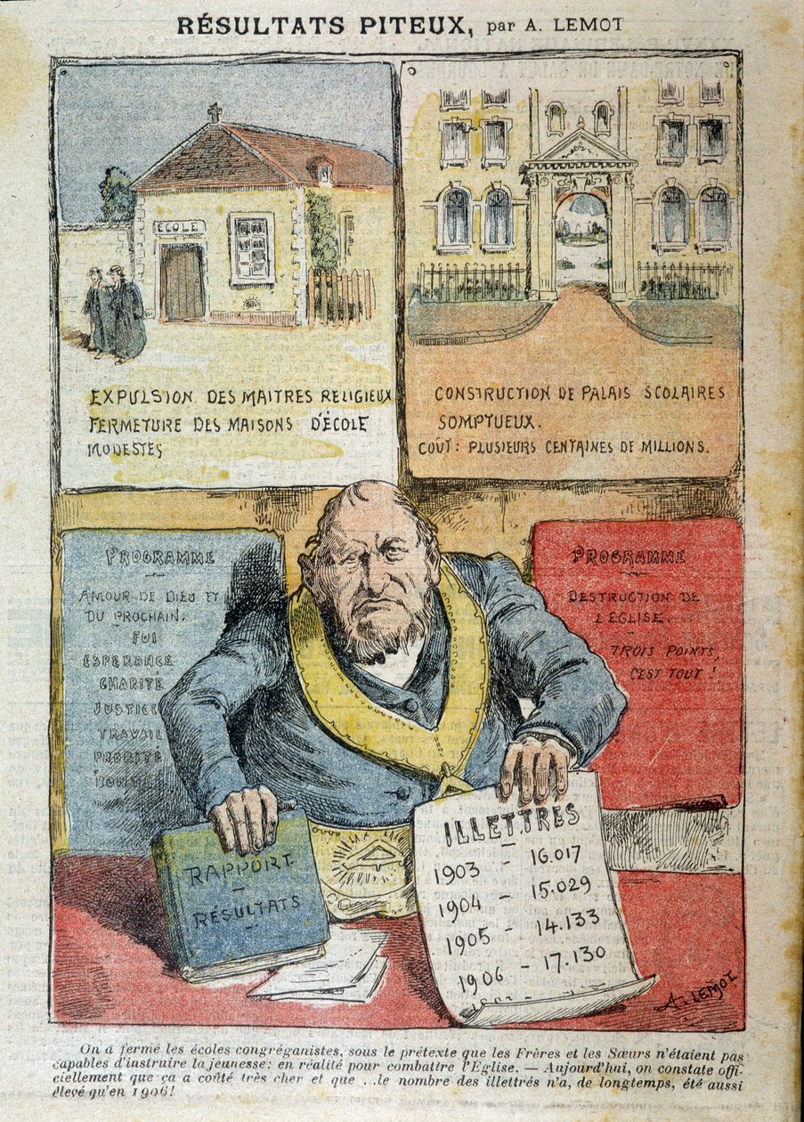 Sarjakuva Laicin ja yksityisopetuksen vastustamisesta - Achile Lemot (1846-1909), elokuvassa "" Le Pelerin"" tekijältä Achille Lemot