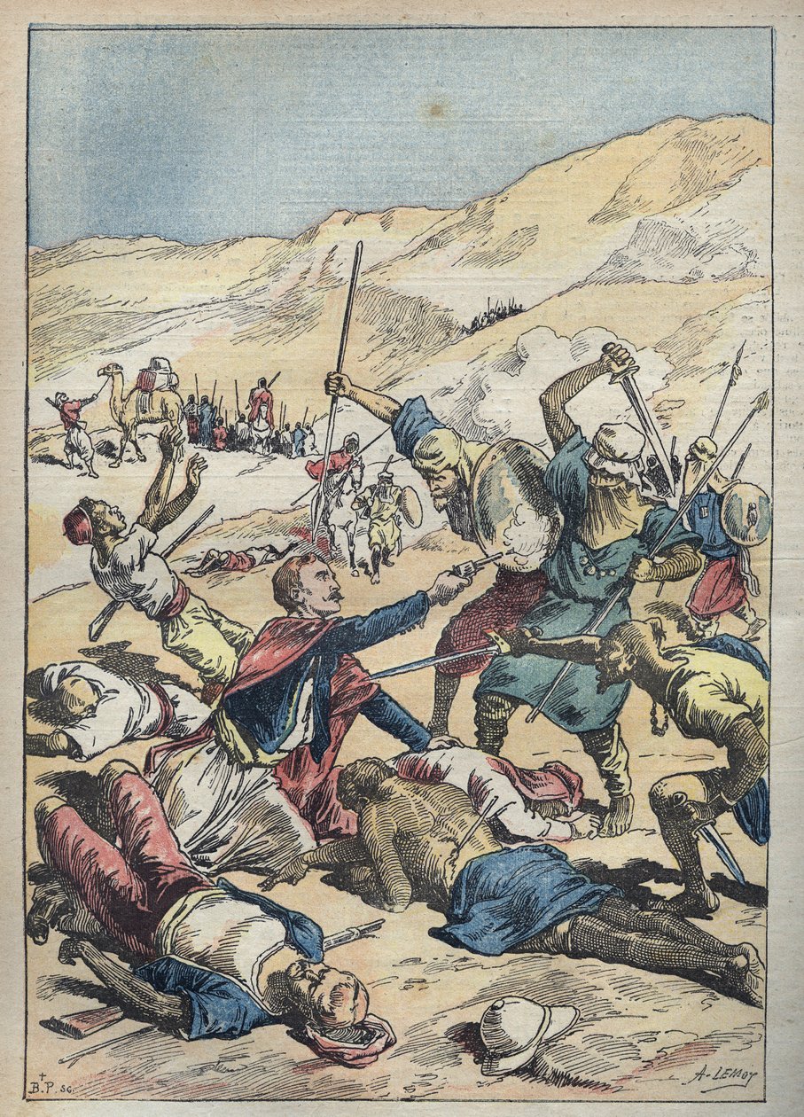 Moresin markiisi (Antoine-Amedee-Marie-Vincent) Manca de Vallombrosan (1858-1896) ja hänen toveriensa kuolema El-Ouatia (El Ouatia) lähellä Tunisiassa vuonna 1896 - Achille Lemotin kuva "" Le-Pelerinissä" kesäkuuta 1896 tekijältä Achille Lemot