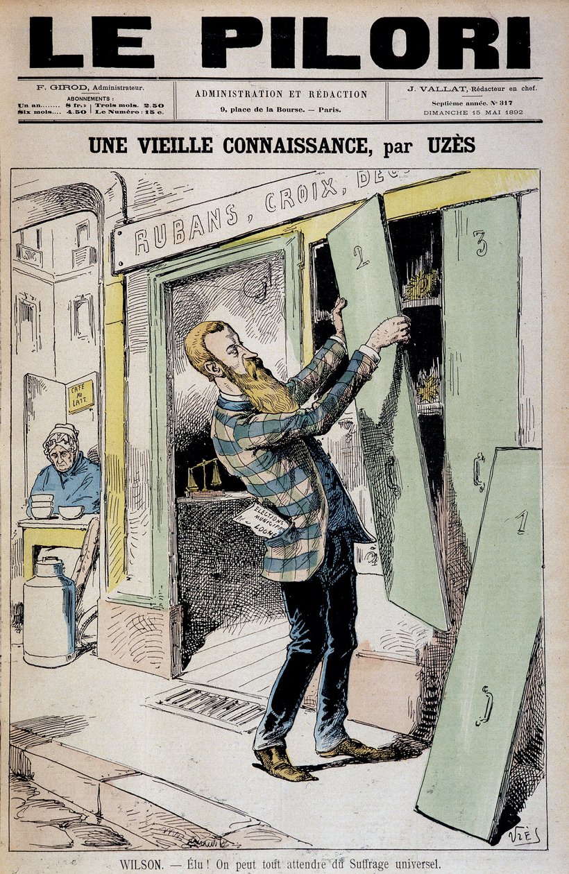Valittu! Voimme odottaa kaikkea yleisestä äänioikeudesta (sarjakuva Daniel Wilsonin reelu deputesta) - kirjoittanut Uzes (Achille Lemot dit) (1846-1909), teoksessa "" Le Pilori" 15.5.1892 tekijältä Achille Lemot