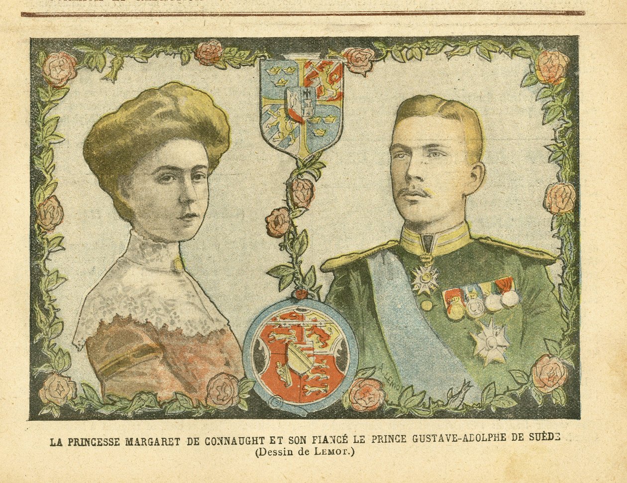 Kuvitus: Achille Lemot (1846-1909) Le Pelerinissä, 21.5.2005 - Prinsessa Margaret of Connaught ja hänen sulhasensa Ruotsin prinssi Gustave-Adolphe - Monarkia, mitali, ulkomaan kuningas, Ruotsi - De Connaught Margaret (1882-1920) , Gustave IV Adolphe of Swe tekijältä Achille Lemot