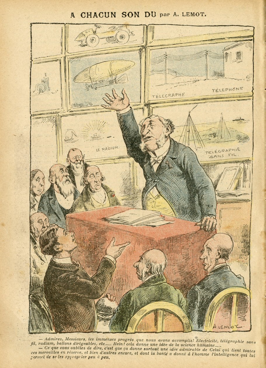 Kuvitus: Achille Lemot (1846-1909) Le Pelerinissä, 22.09.07 - Moderni, auto, uskonto, ateismi, edistys, lennätin, langaton lennätys, puhelin, radium, katolinen katolilaisuus - henkinen tekijältä Achille Lemot