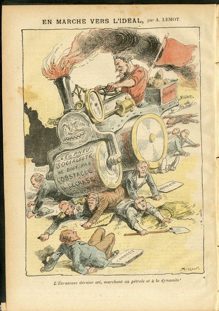 Kuvitus: Achille Lemot (1846-1909) Le Pelerinissä, 27.5.2006 - Marssilla kohti ihannetta - Sosiaalinen, Auto, Kuolleet ruumiit, Vallankumous, Punainen lippu, Talous, Sosialismi, Pneumatiikka, Punktio tekijältä Achille Lemot