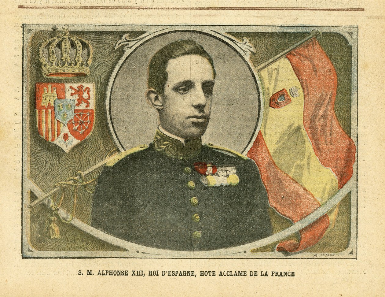 Kuva Achille Lemotista (1846-1909) Le Pelerinissä, 6.4.2005 - Hänen Majesteettinsa Alfonso XIII, Espanjan kuningas, Ranskan kuuma ylistys - Espanja, Monarkia, liput, ulkomaan kuningas - Alfonso XIII tekijältä Achille Lemot