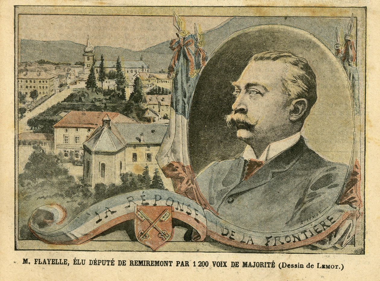 Kuva Achille Lemotista (1846-1909) Le Pelerinissä, 07.02.04 - M. Flayelle, valittu Remiremontin varajäseneksi 1200 äänten enemmistöllä - Elections, Alsace Lorraine, Chambre des deputes Hemicycle, Patriotisme, Vos, Remiremontes, Varajäsen, Flayelle tekijältä Achille Lemot