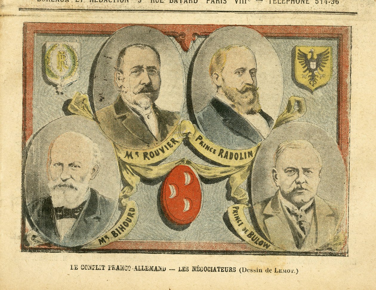 Kuva Achille Lemotista (1846-1909) Le Pelerinissä, 09.07.05 - Ranskan ja Saksan konflikti neuvottelijoina - Kolonisaatio Kolonialismin siirtokunnat, Saksa Preussi, Marokko, Ranska, Tanger - Rouvier Maurice (1842-1911), Bulow Bernhard von (1849-1929), Rad tekijältä Achille Lemot