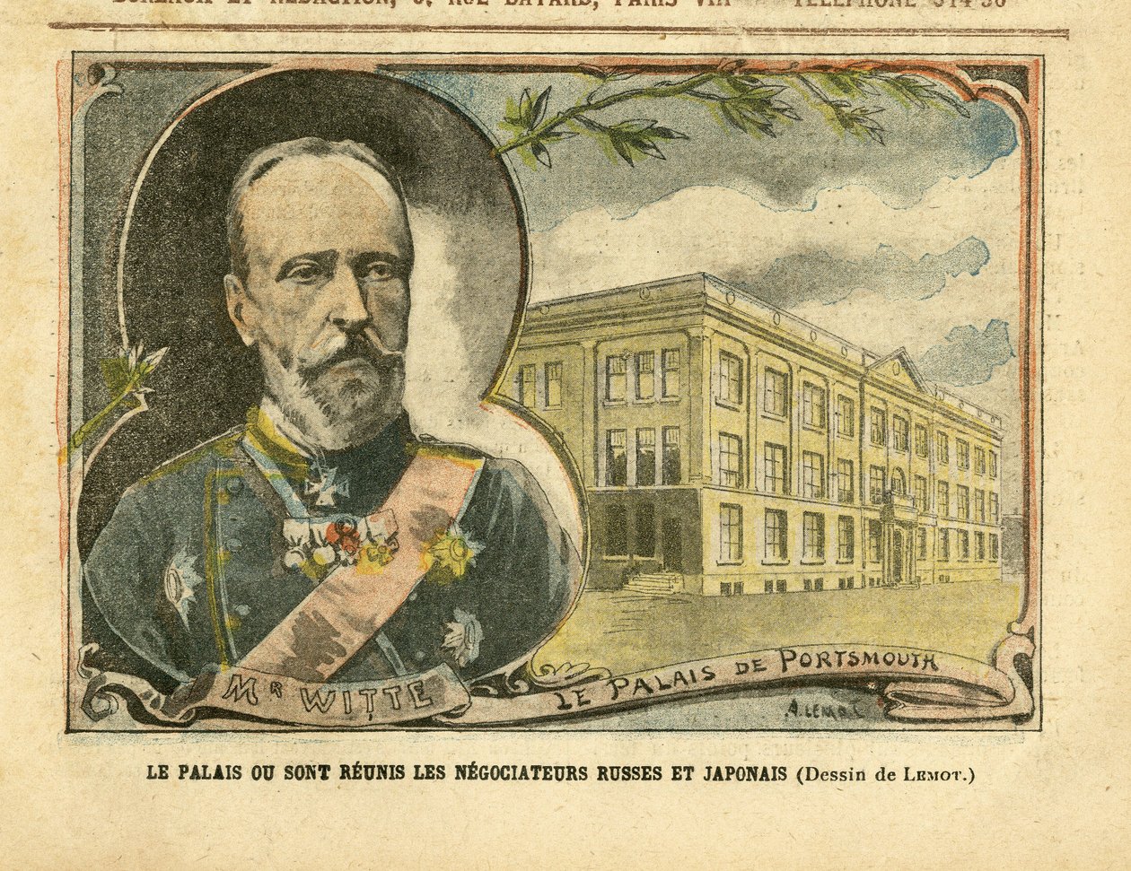 Kuva Achille Lemotista (1846-1909) Le Pelerinissä, 20.8.2005 - Palatsi, jossa venäläiset ja japanilaiset neuvottelijat yhdistyvät - Venäjä, Japani, Venäjän ja Japanin sota, Portsmouth - Witte Serge (1849-1915) tekijältä Achille Lemot