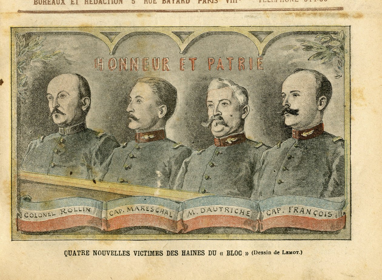 Kuva Achille Lemotista (1846-1909) Le Pelerinissä, 20.11.04 - Neljä uutta blokkivihan uhria - Armee, Fiche-tapaus, Patriotisme - Rollin eversti, Mareschalin kapteeni, Dautriche, Francois-kapteeni tekijältä Achille Lemot
