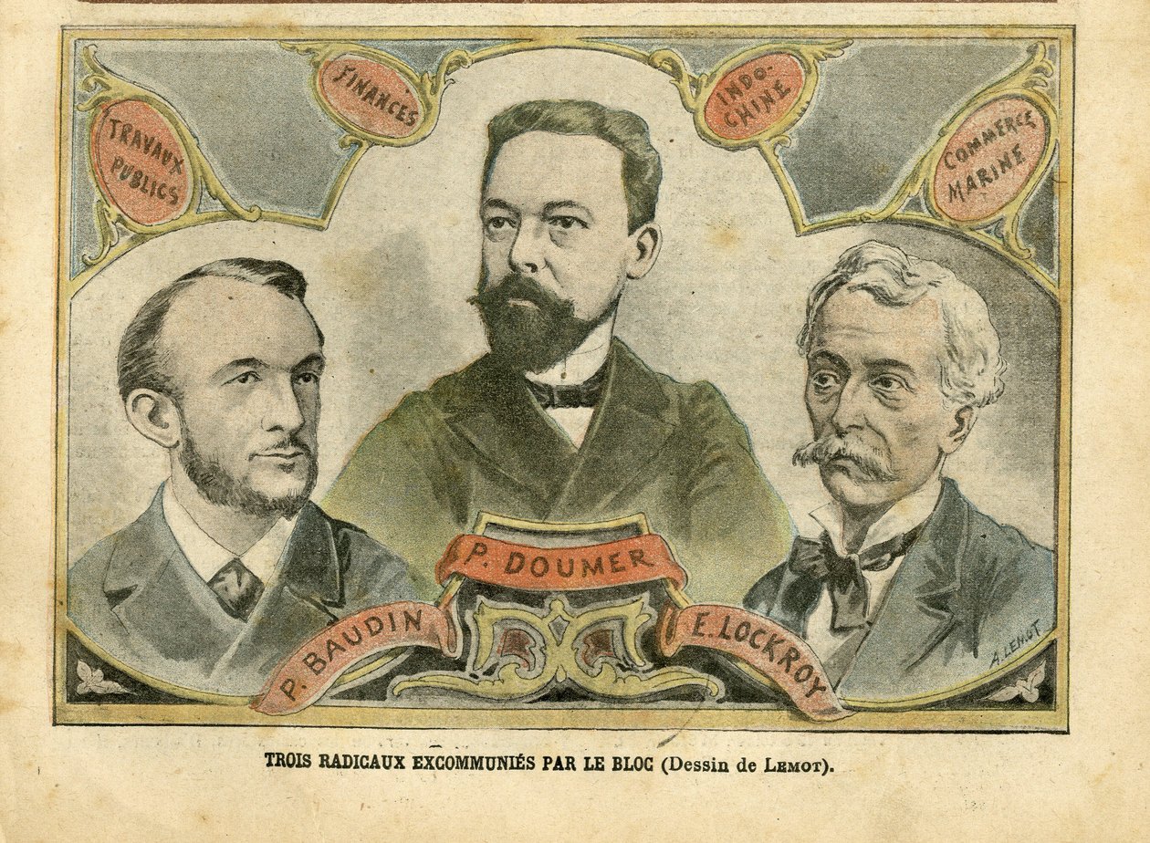 Kuva Achille Lemotista (1846-1909) Le Pelerinissä, 23.10.2004 - Blokin kolme radikaalin excommunes - Budget Finances, tasavallan presidentti, Maritime Marine Nautique Balneaire, Bloc des lefts, Indochine, Works publics - Doumer Paul (1857-1932), tekijältä Achille Lemot