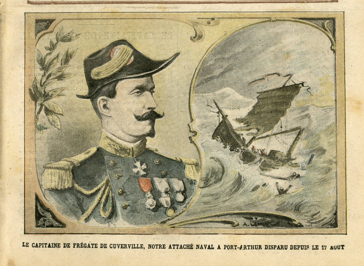 Kuva Achille Lemotista (1846-1909) Le Pelerinissä, 25.9.2004 - Cuvervillen fregatin kapteeni, laivastoliittomme Port-Arthuriin katosi 17. elokuuta lähtien - Armee, Maritime Marine Nautique Balneaire, Port-Arthur, Naufrage - De Cuverville tekijältä Achille Lemot