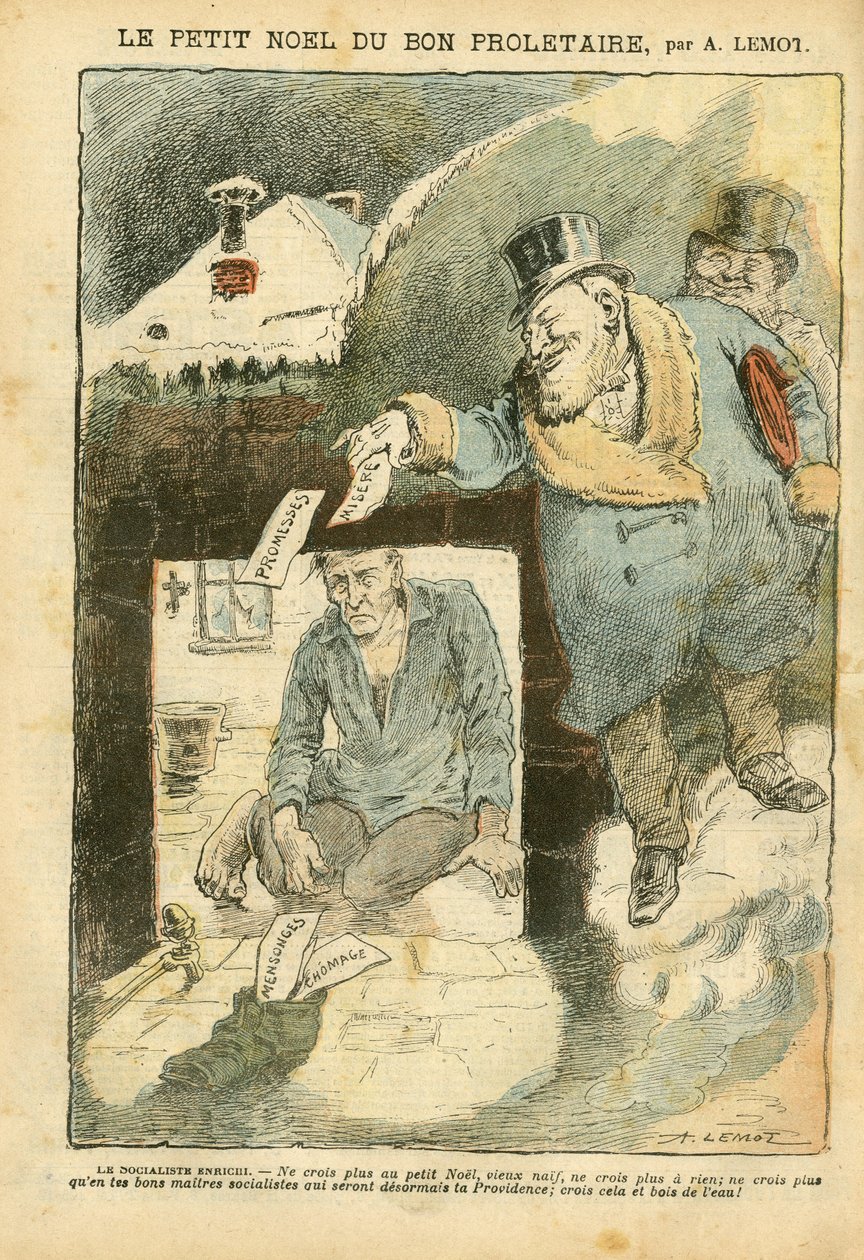 Kuva Achille Lemotista (1846-1909) Le Pelerinissä, 25.12.04 - Hyvän proletaarin joulu - vaalit, kurjuus, talvi, rikkaiden elämä, sosialismi - työläinen, kurja, köyhä, SDF - oppositio/yhdistys tekijältä Achille Lemot