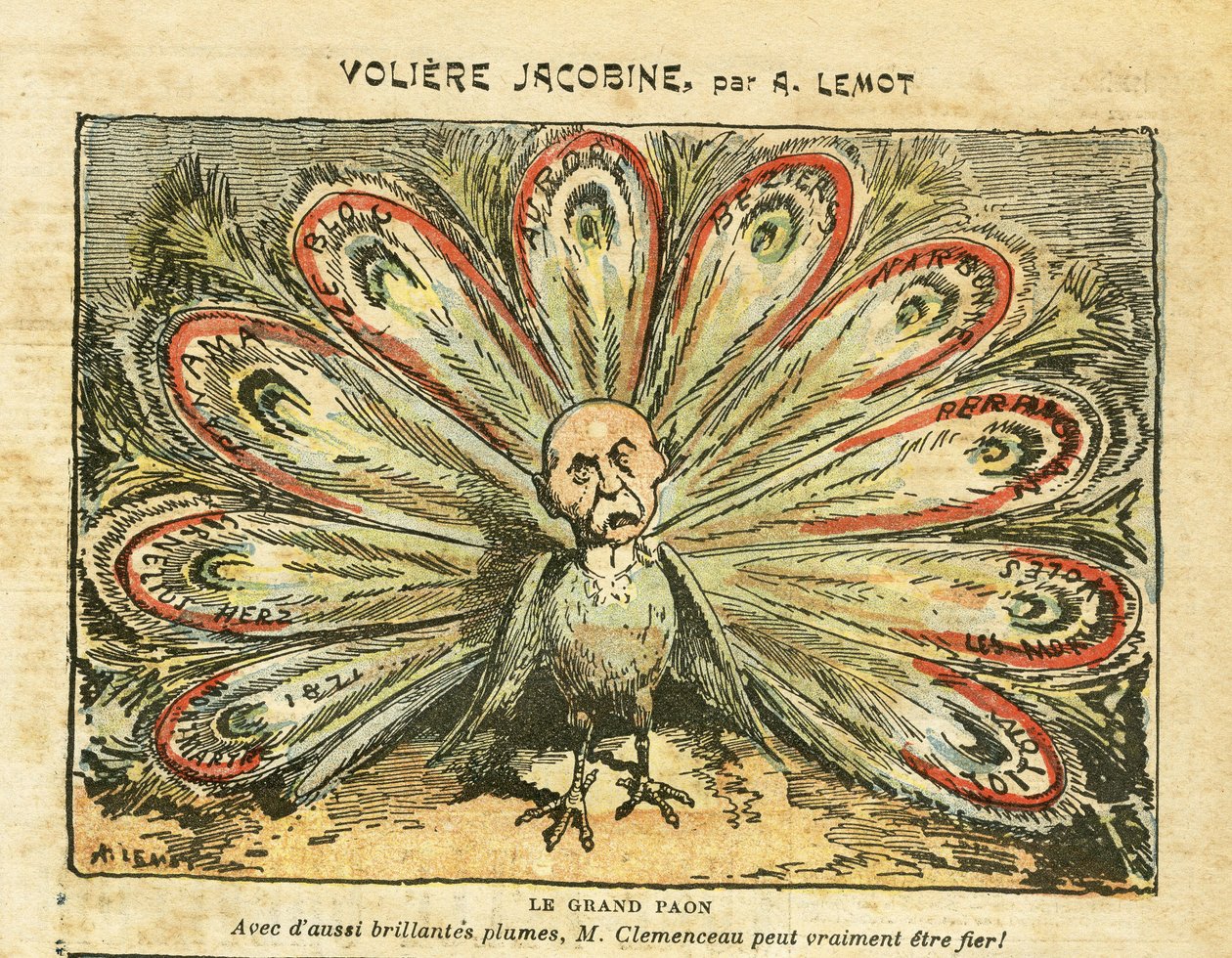Kuva Achille Lemotista (1846-1909) Le Pelerinissä, 26.1.2008 - Jakobiinien lintutarha - Bloc des lefts, Viinikriisi Revolte des vignerons, Narbonne, Beziers, Aurore (päiväkirja) - Clemenceau George, riikinkukko, - Eläimet tekijältä Achille Lemot