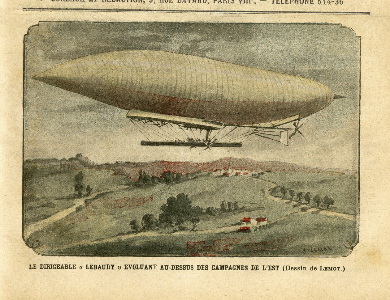Kuva Achille Lemotista (1846-1909) Le Pelerinissä, 26.11.05 - Ilmalaiva "" Lebaudy"" kehittyy itäisellä maaseudulla - Kampanja, Ilmapallot ilmalaivat zeppelins-lentoasema, Lebaudy tekijältä Achille Lemot