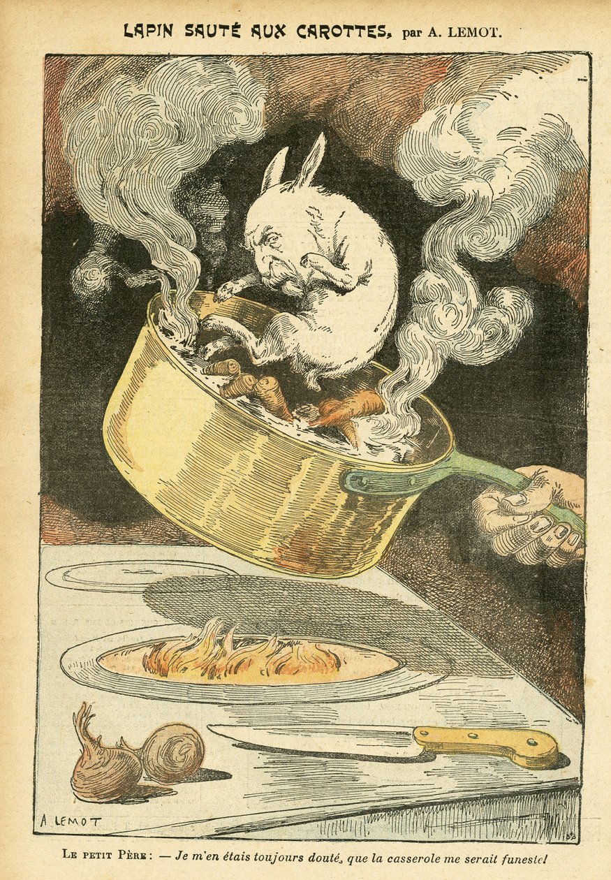 Kuva Achille Lemotista (1846-1909) Le Pelerinissä, 29.01.05 - Kanin katto porkkanoilla - Arkistolaukku, Gastronomiakeittiö - Combes Emile (1835-1921), Kani - Kattila - Ruokametafora, Eläinmuodostus tekijältä Achille Lemot