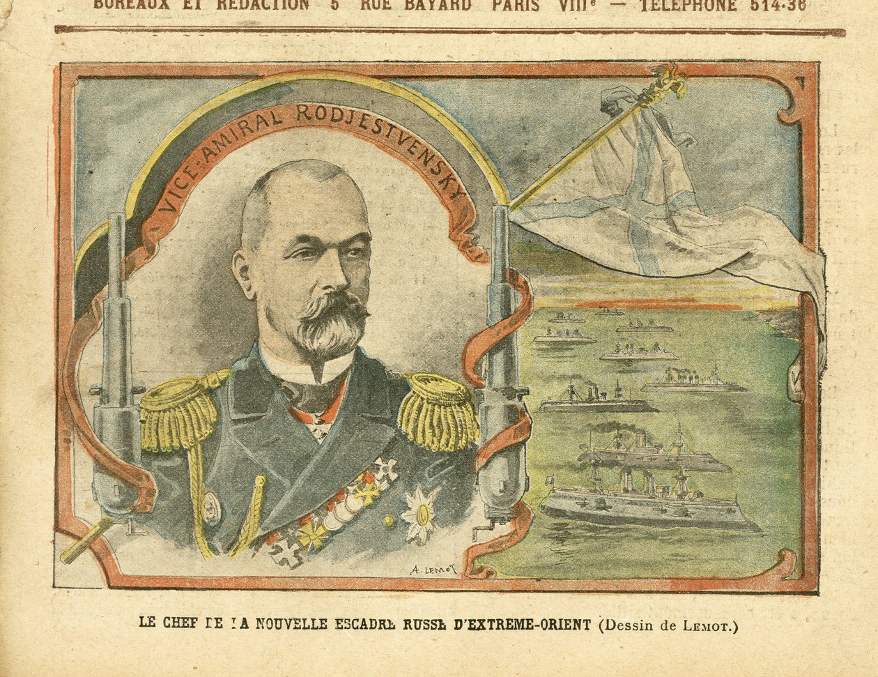 Kuva Achille Lemotista (1846-1909) Le Pelerinissä, 30.4.2005 - Venäjän Kaukoidän uuden laivueen johtaja - Venäjä, Armee, Navy Seaside, Sota-alukset - Admiral Admirals, Rodjestvensky (Zinovi Rozhestvensky) tekijältä Achille Lemot