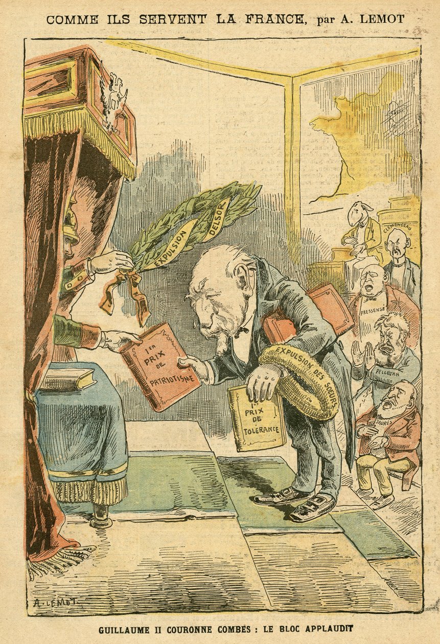 Kuva Achille Lemotista (1846-1909) Le Pelerinissä, 31.01.04 - Kuinka he palvelevat Ranskaa - Saksa Preussi, Uskonto, Bloc des Left, Isänmaallisuus, katolinen katolilaisuus - Uskontojen häätö - Combes Emile (1835-1921) , William II, Delsor Nicolas (18 tekijältä Achille Lemot