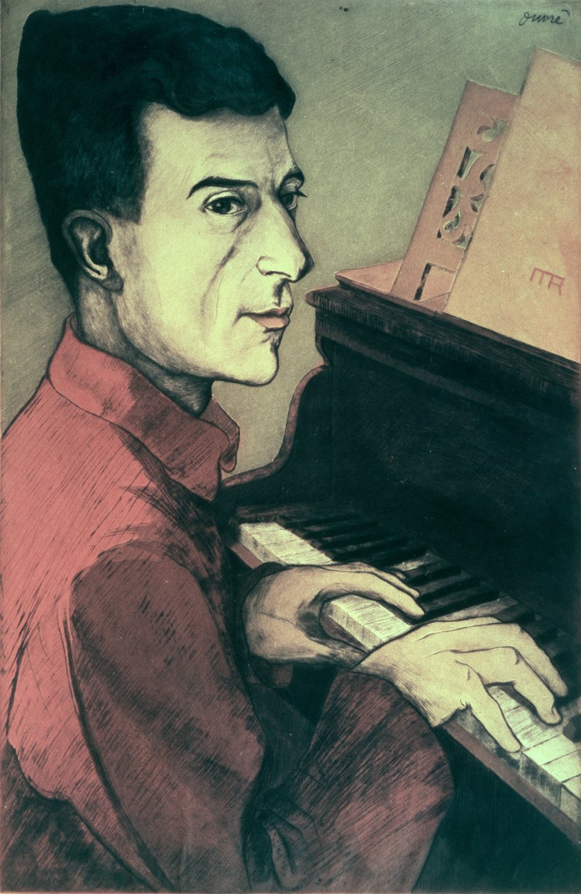Muotokuva Maurice Ravelista soittaa pianoa tekijältä Achille Ouvré