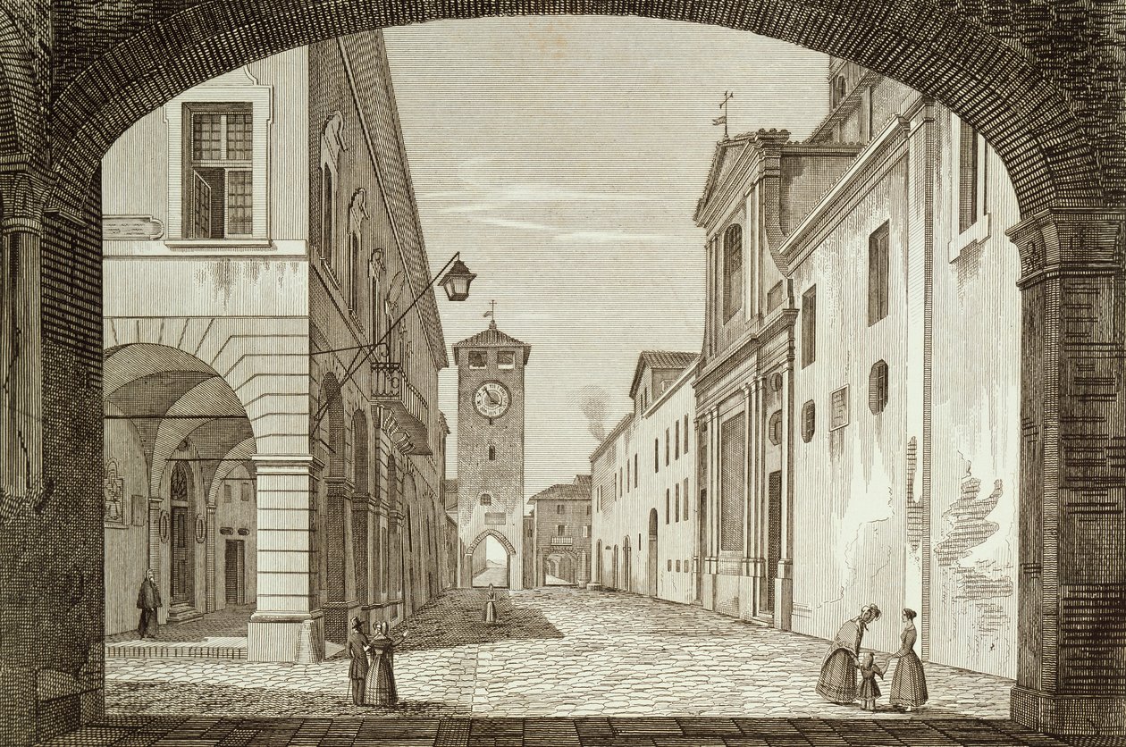 Näkymä Castel Bolognese -aukiolle Ravennan legationissa, kaiverrus Achille Parboni (1783-1841), Italia tekijältä Achille Parboni