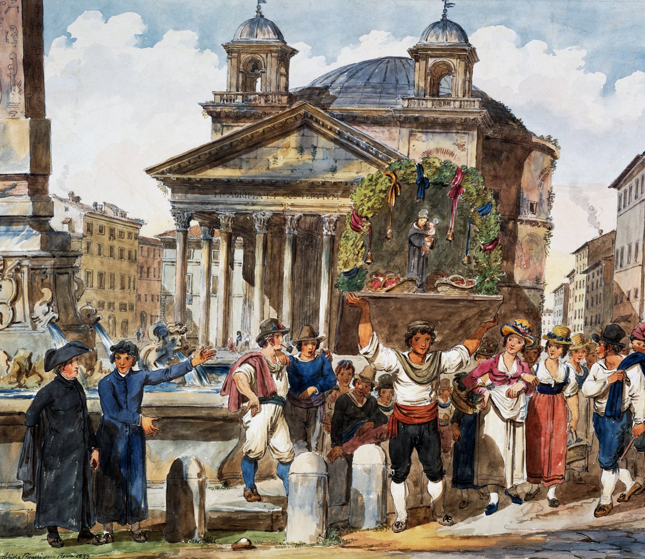 Mansikkafestivaali Pantheonissa Roomassa, Achille Pinellin (1809-1841) akvarelliväri, Italia tekijältä Achille Pinelli