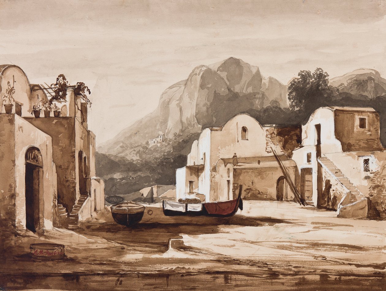 Napolilainen rannikkokylä, mahdollisesti Capri ja Monte Solaro, prinssi Alfonson lisäyksillä Maria di Borbone (1841-1934) (lyijykynä, seepiapesu ja guassi paperille) tekijältä Achille Vianelli
