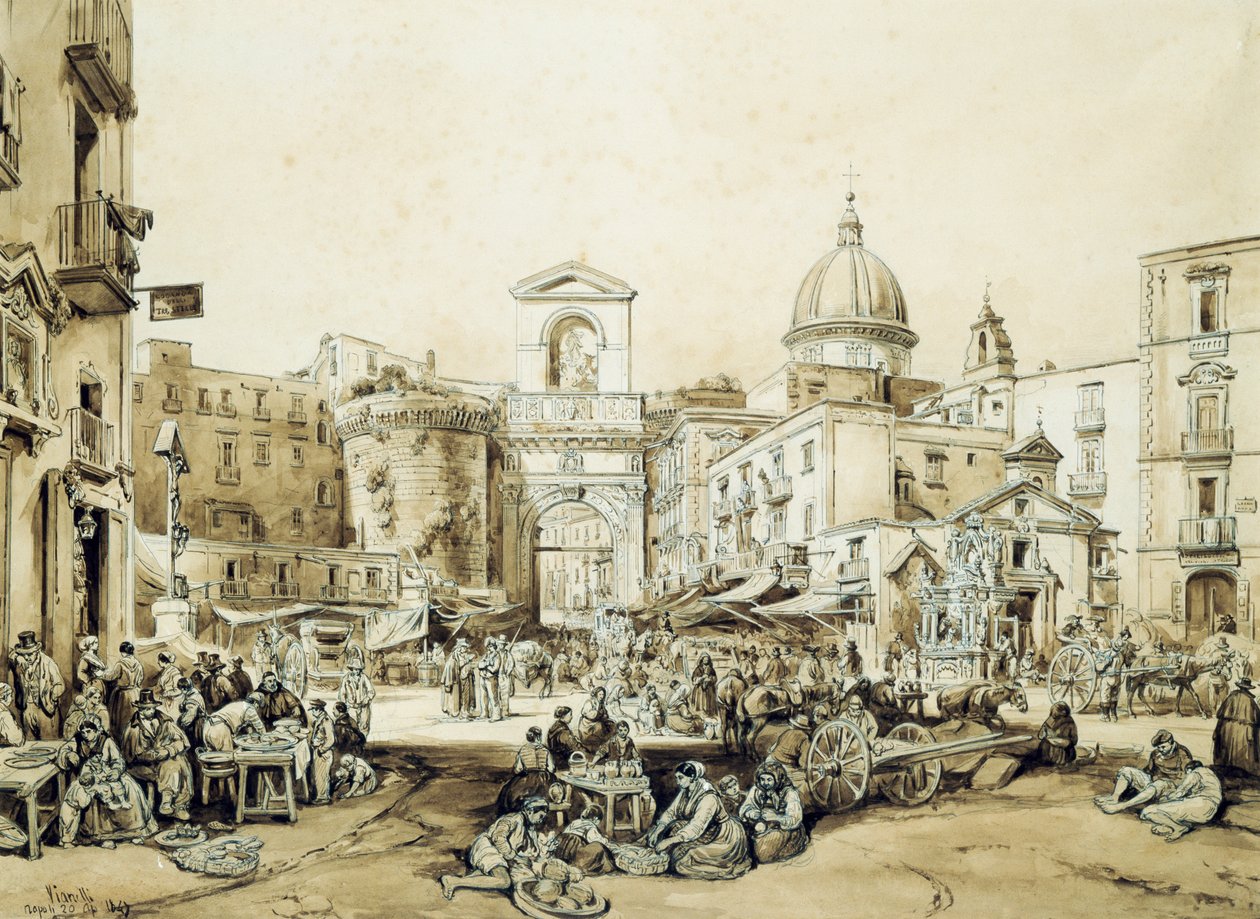 Porta Capuana Napolissa, kirjoittanut Achille Vianelli (1803-1894), seepia, 43x60,5 cm tekijältä Achille Vianelli