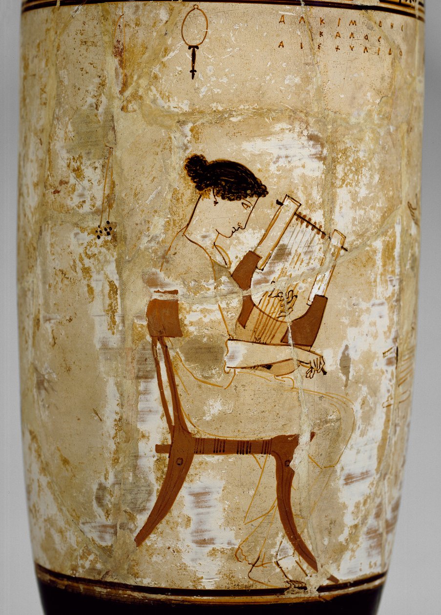 Ullakkovalkoinen lekythos naismuusikoiden kuvalla, 5. vuosisadalla eKr tekijältä Achilles Painter