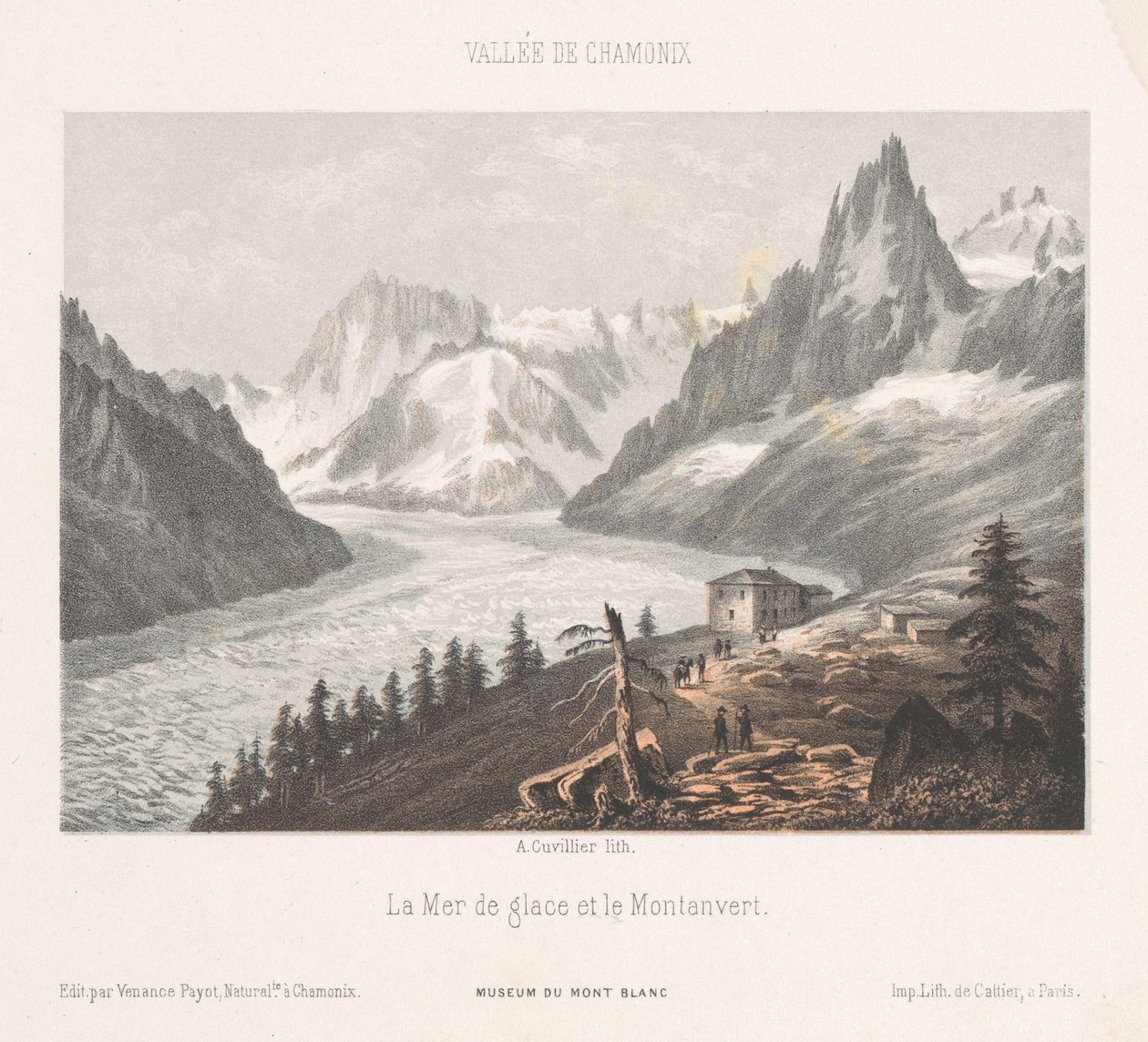 Näkymä Le Chapeaulle Mer-de-Glacen jäätiköllä Le Chapeau (otsikko esineessä) Chamonix-Mont-Blancin muisto (sarjan nimi) Museum du Mont-Blanc (sarjan nimi esineessä) tekijältä Ad. Cuvillier