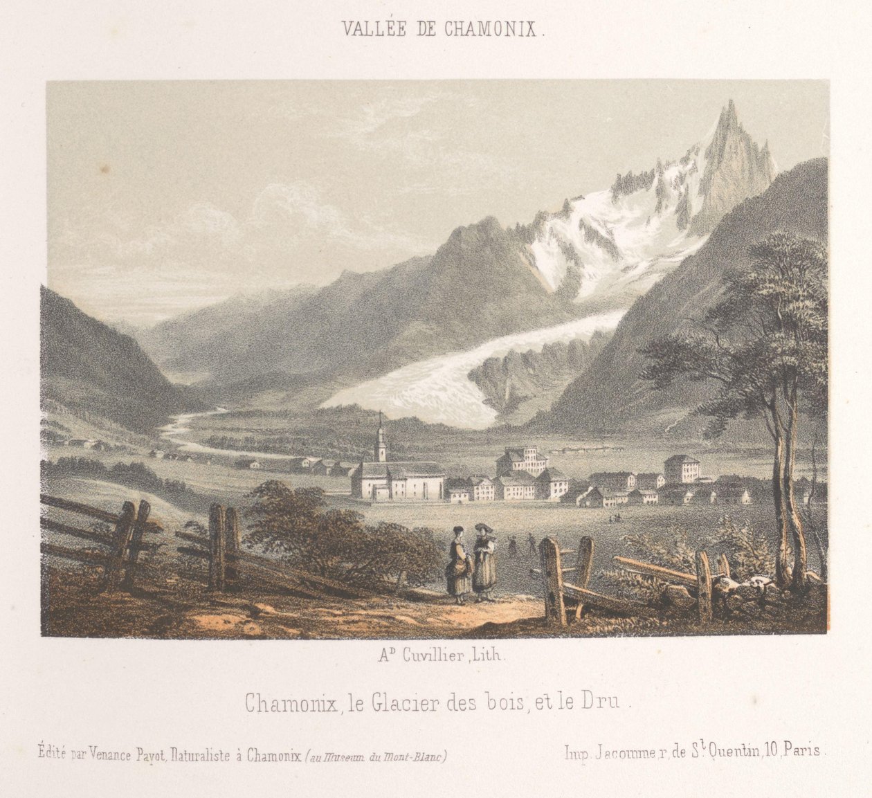 Näkymä Aiguille de Bionnassaylle ja jäätikkölle Aiguille et Glacier de Bionnassay (otsikko esineessä) Chamonix-Mont-Blancin muisto (sarjan nimi) Museum du Mont-Blanc (sarjan nimi esineessä) tekijältä Ad. Cuvillier