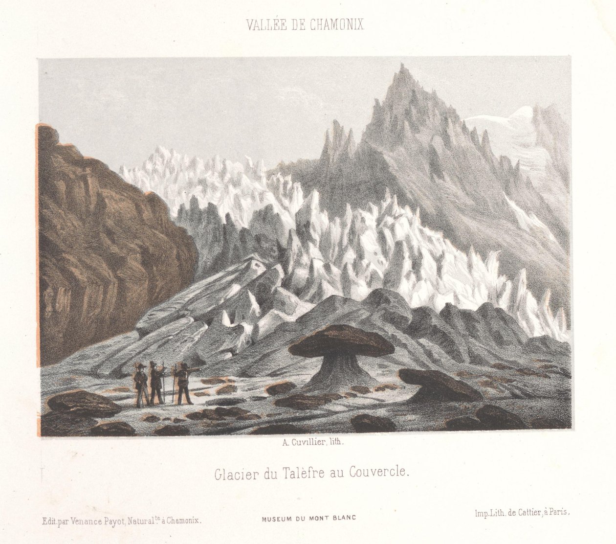 Näkymä Couvercle-kivelle Talèfren jäätiköllä Glacier du Talèfre au Couvercle (otsikko esineessä) Chamonix-Mont-Blancin muisto (sarjan nimi) Museum du Mont-Blanc (sarjan nimi esineessä) tekijältä Ad. Cuvillier