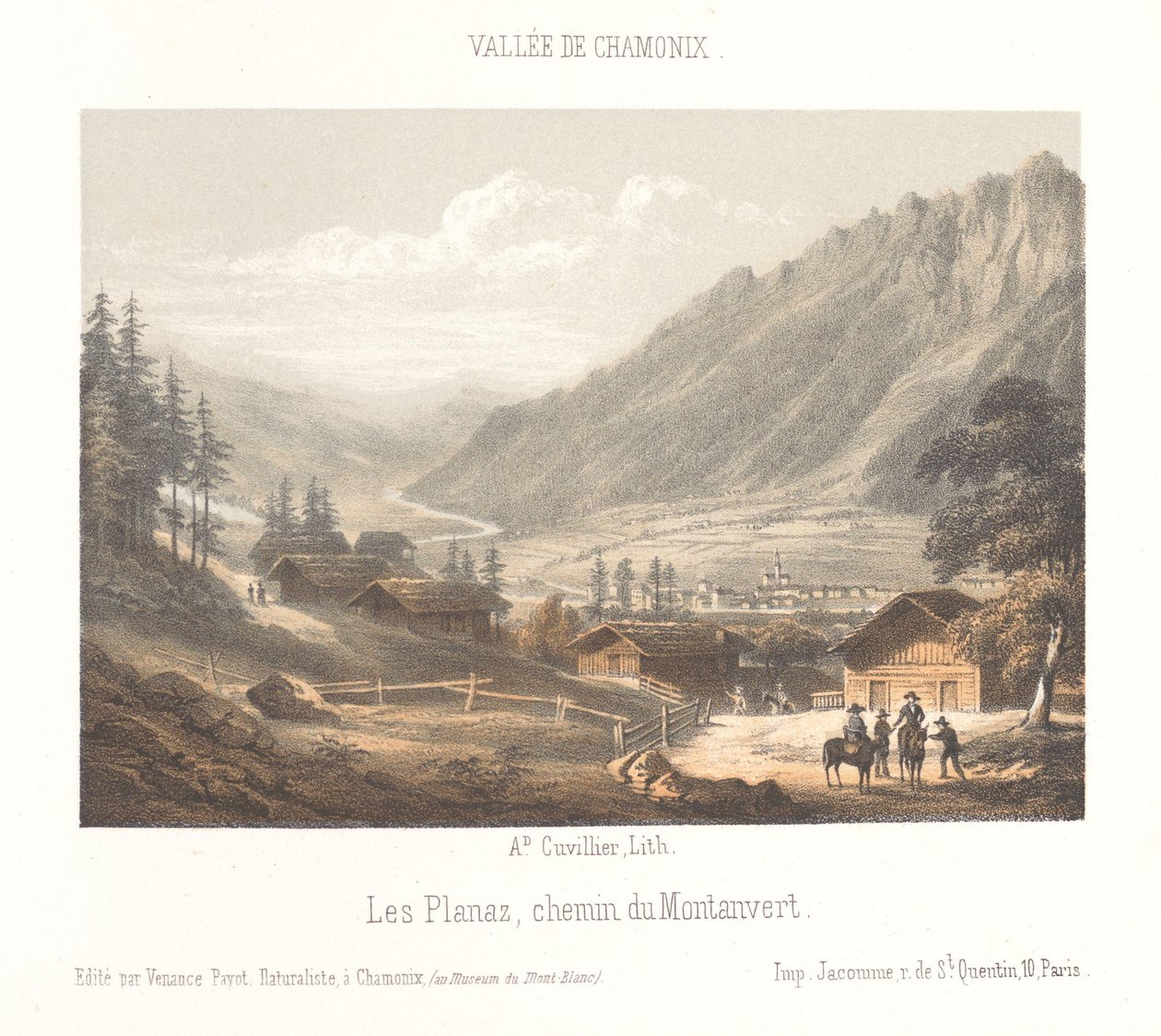 Näkymä Col de Balmen vuoristosolalle Col de Balme (otsikko esineessä) Chamonix-Mont-Blancin muisto (sarjan nimi) Museum du Mont-Blanc (sarjan nimi esineessä) tekijältä Ad. Cuvillier