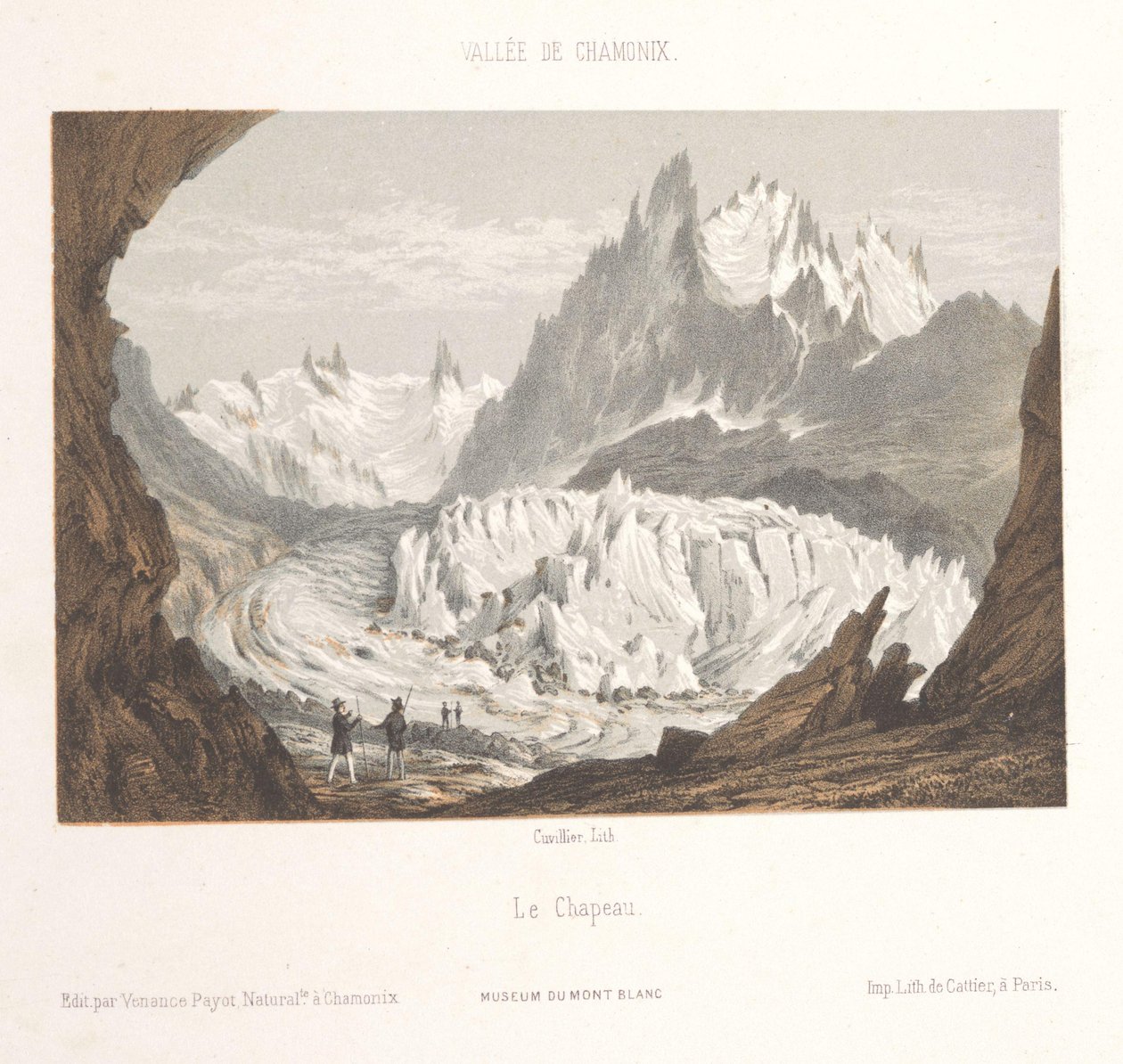 Näkymä Mer-de-Glacen jäätikölle lähellä Les Bois ja Les Tines Claciers des Bois, depuis les Tines (otsikko esineessä) Chamonix-Mont-Blancin muisto (sarjan nimi) Museum du Mont Blanc (sarjan nimi) tekijältä Ad. Cuvillier
