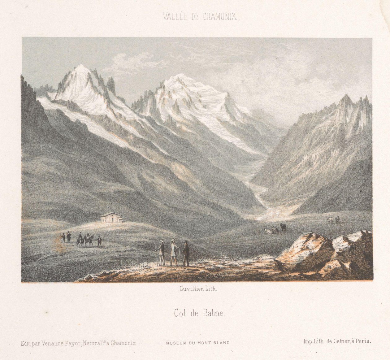 Näkymä Les Planardsin kylästä Montenversin tiellä Les Planaz, chemin du Montanvert (otsikko esineessä) Chamonix-Mont-Blancin muisto (sarjan nimi) Museum du Mont Blanc (sarjan nimi) tekijältä Ad. Cuvillier