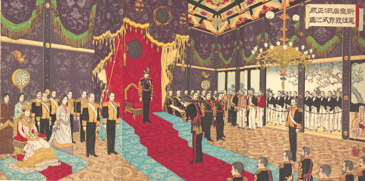 Näkymä valtion perustuslain antamisesta valtion kamarissa, 2. maaliskuuta 1889 Meiji 22. tekijältä Adachi  Ginkō