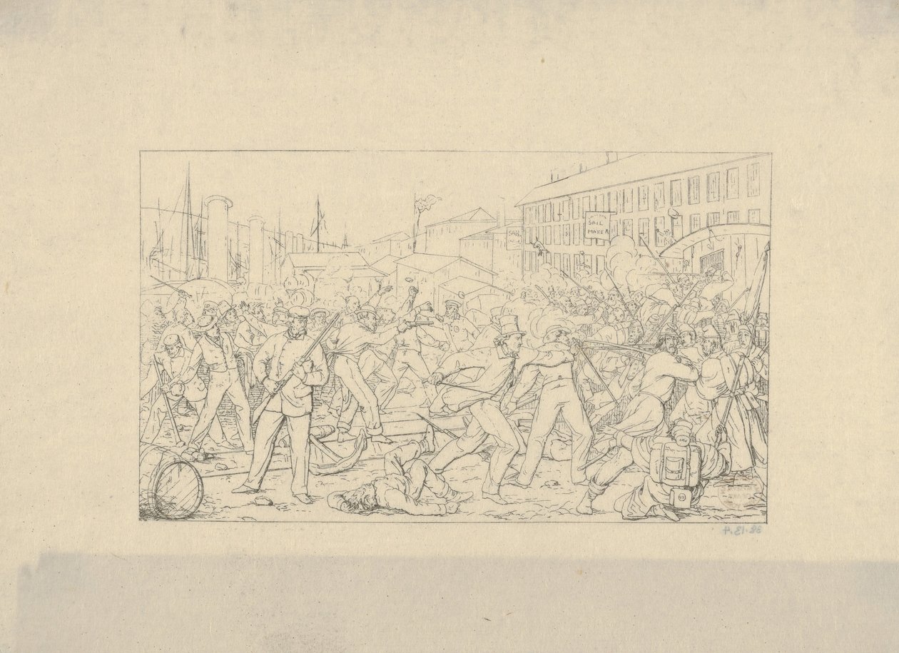 Taistelu Baltimoressa, 19. huhtikuuta 1861 Confederate War Etchingsistä, 1861-63. tekijältä Adalbert John Volck