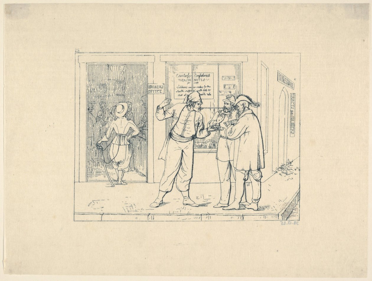 Väärennetyt setelit julkisesti myynnissä veljellisen rakkauden kaupungissa..., 1861-63. tekijältä Adalbert John Volck