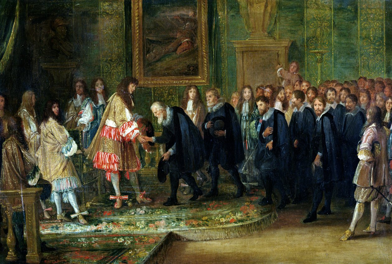 Ludvig XIV:n (1638-1715) kolmentoista Sveitsin kantonin suurlähettiläiden vastaanotto Louvressa, 11. marraskuuta 1663, 1664 tekijältä Adam Frans van der Meulen